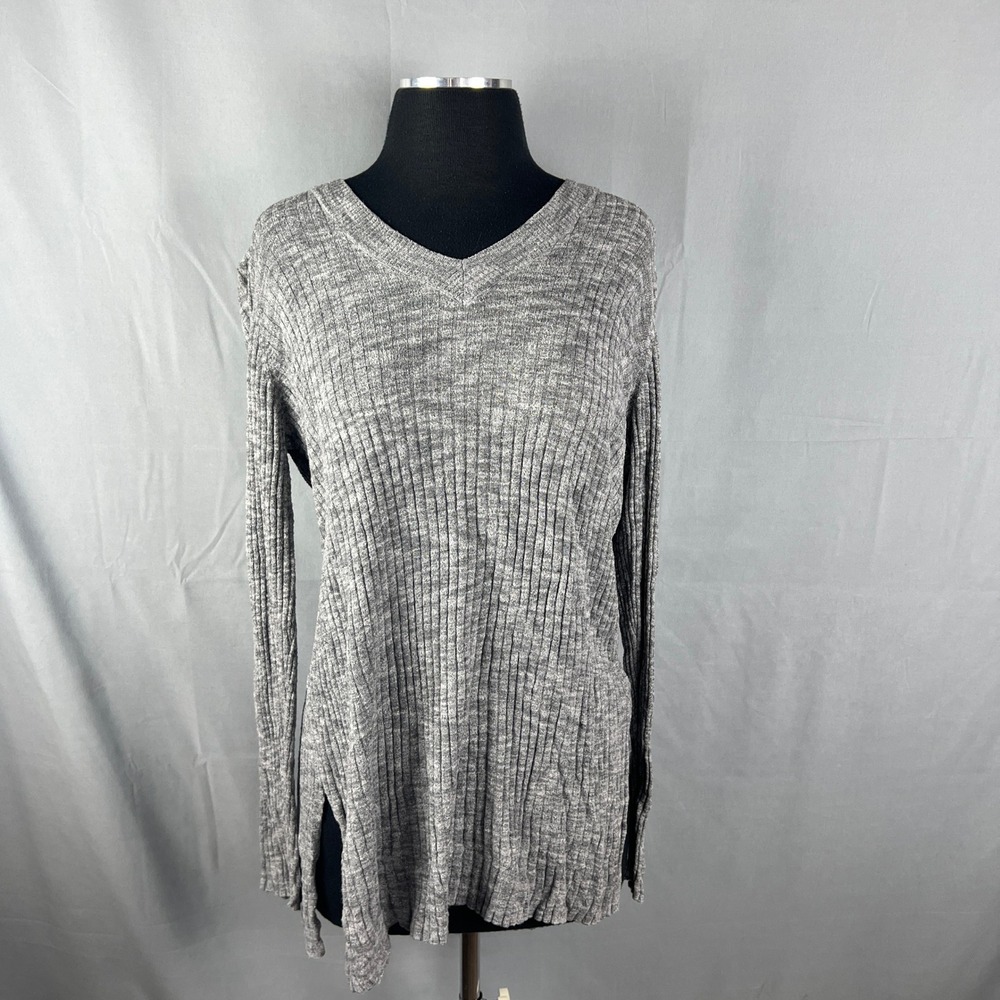 Ava & Viv Tunic Top Womens 1X Gray Ribbed Knit Side Slits Long Sleeve V Neck